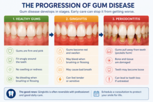 Visual showing progression of gum disease, healthy gums to gingivitis to periodontitis