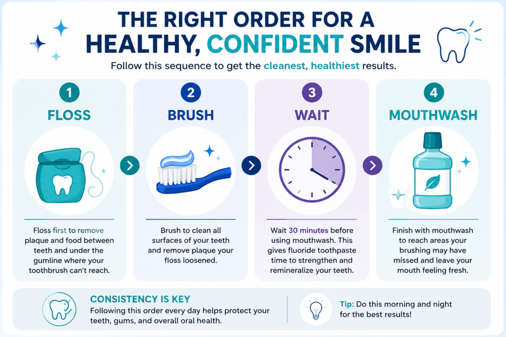 the correct order for your morning oral routine, floss, brush, wait then mouthwash